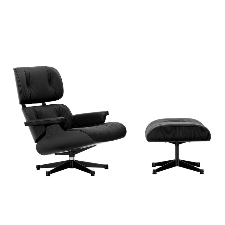 Vitra Lounge Chair + Ottoman, nero Leder mit schwarzer Kastanie - Vintage