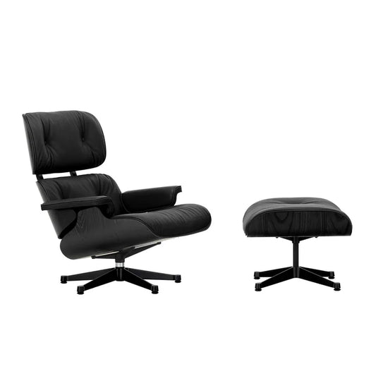 Vitra Lounge Chair + Ottoman, nero Leder mit schwarzer Kastanie - Vintage
